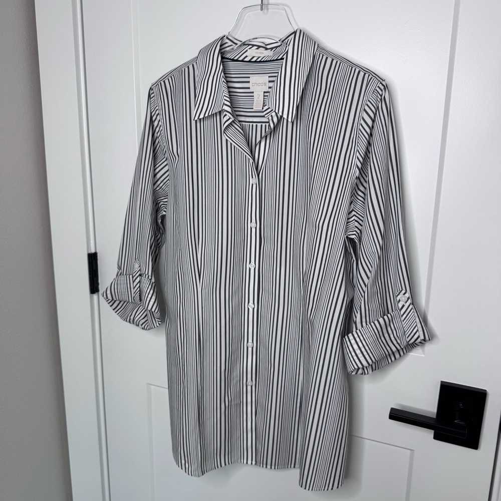 Chico's No-Iron Button Up Long Roll Tab Sleeves Collar Tunic Top Size Large (2) - Picture 3 of 6